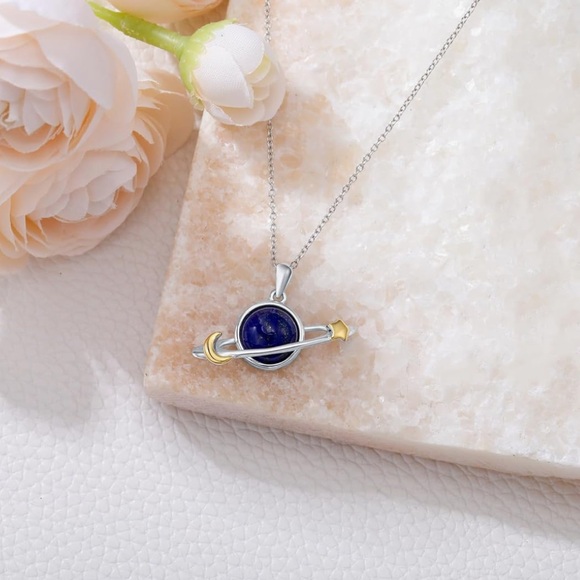 14k Natural Lapis Lazuli Planet and Night Sky Pendant Necklace - Picture 2 of 7